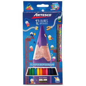 COLORES LARGOS ARTESCO TRIANGULARES SUPERPUNTA + LÁPICES + SACAPUNTAS X 12 UND