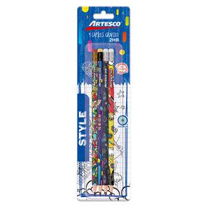 LÁPIZ HB ARTESCO MOTIVOS CON BORRADOR BLÍSTER X 4 UND